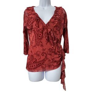 The Limited Babydoll Mesh Paisley Faux Wrap Top Size L Red Ruffled‎ Fairy Y2K